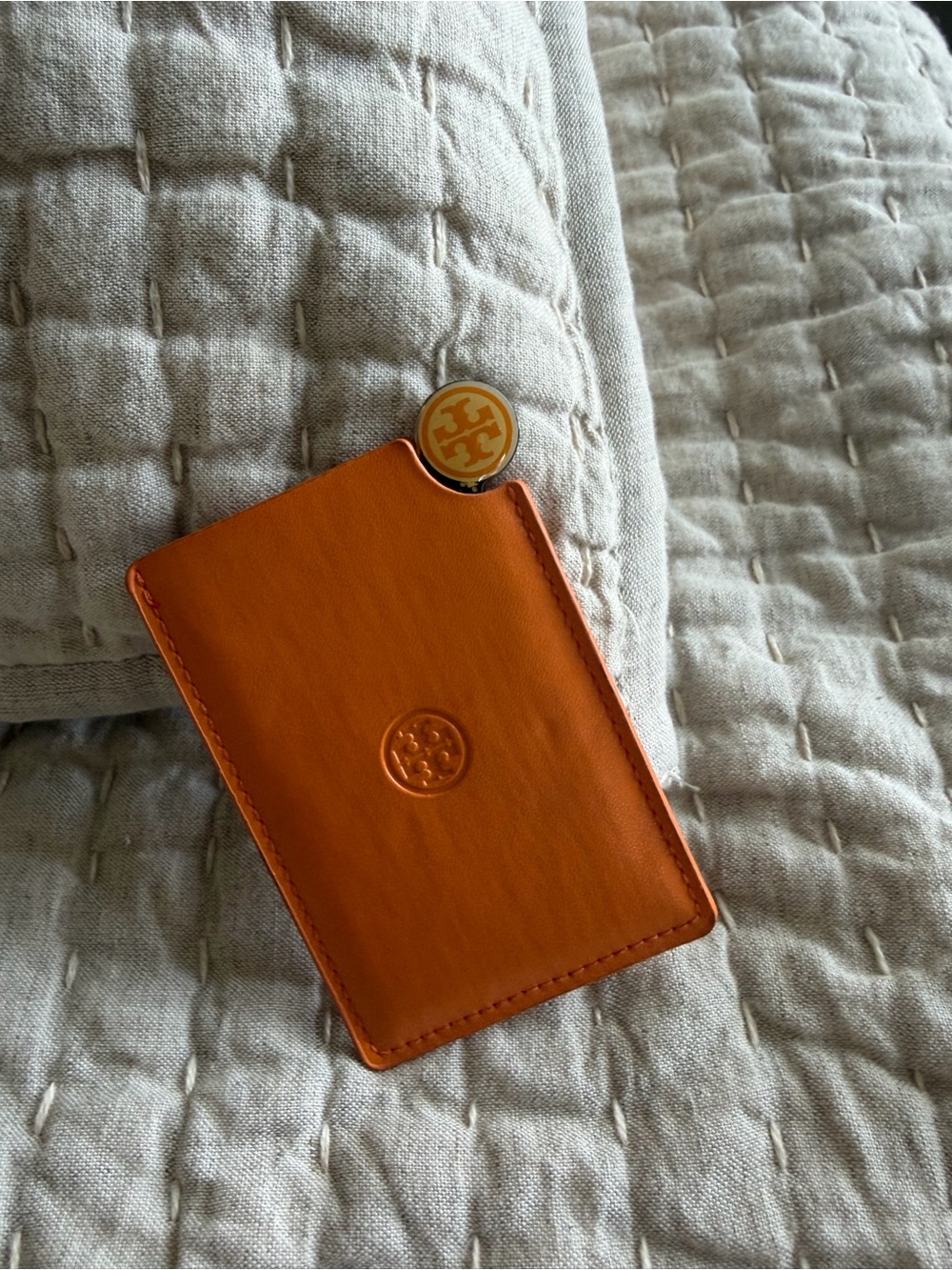 Tory Burch Orange Leather Mirror Case with Pull Logo Mirror